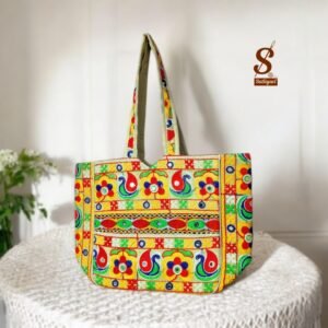 SUTLIYAN Women's Rajasthani Handmade Flower Embroidery Regular Beige Tote Bag