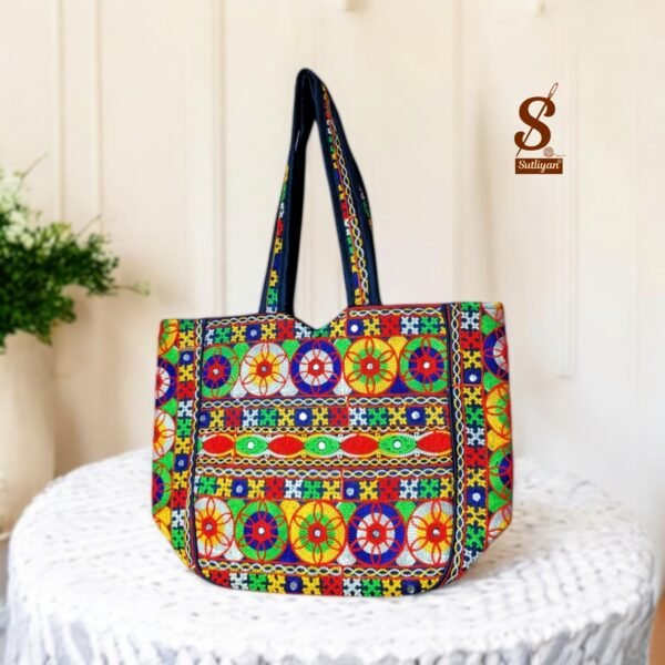 SUTLIYAN Women's Rajasthani Handmade Flower Embroidery Regular Blue Tote Bag