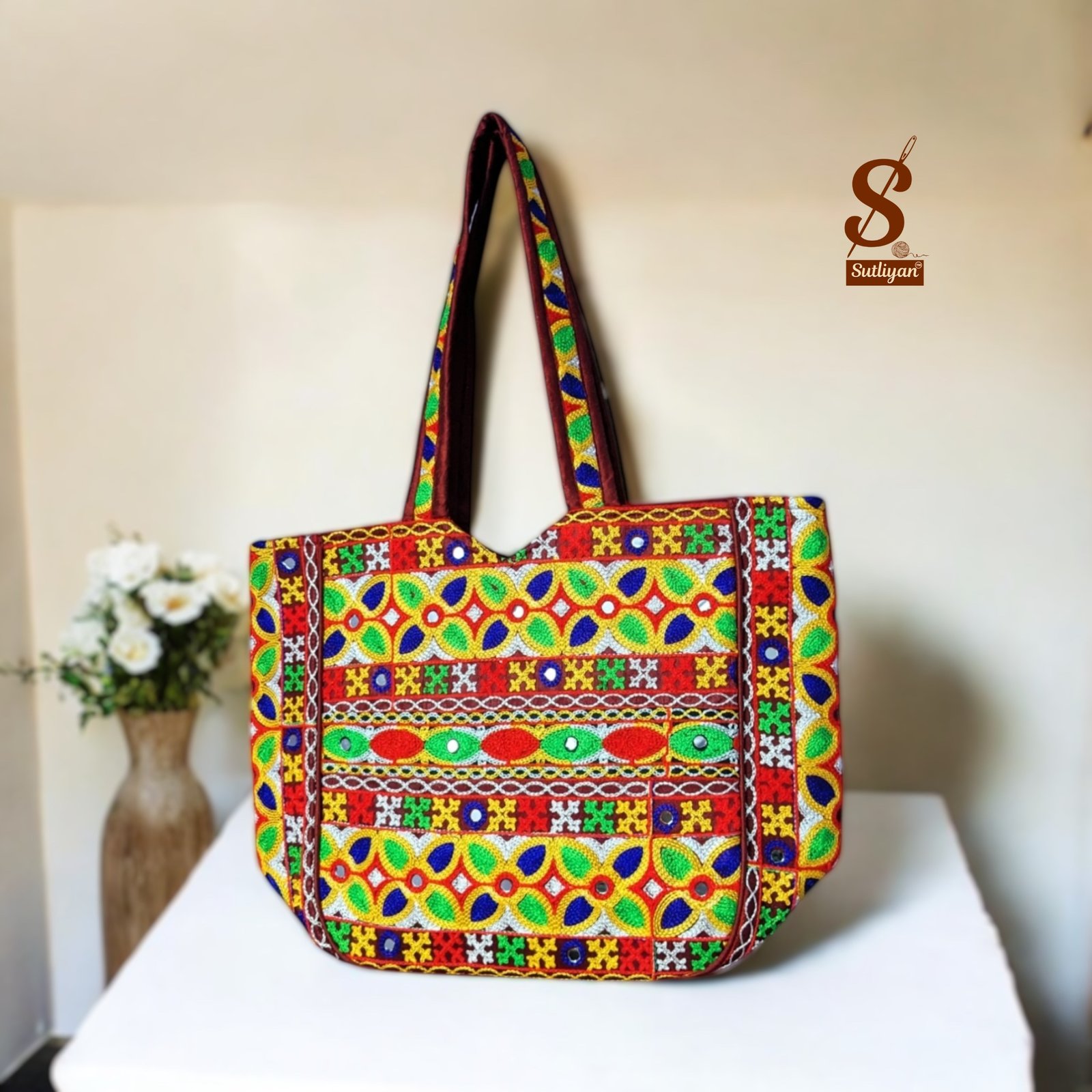 SUTLIYAN Women's Rajasthani Handmade Flower Embroidery Regular Maroon Tote Bag