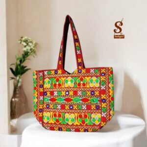 SUTLIYAN Women's Rajasthani Handmade Flower Embroidery Regular Red Tote Bag
