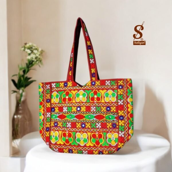 SUTLIYAN Women's Rajasthani Handmade Flower Embroidery Regular Red Tote Bag