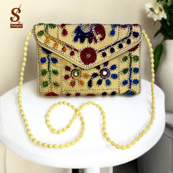 SUTLIYAN Women's Rajasthani Handmade Damru Embroidery Small Beige Clutch Bag