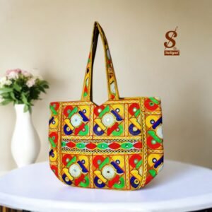 SUTLIYAN Women's Rajasthani Handmade Flower Embroidery Regular Yellow Tote Bag