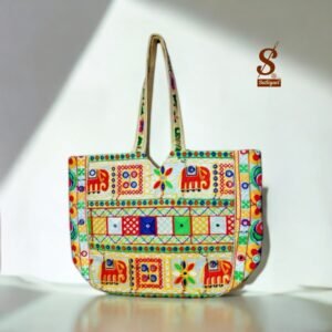 SUTLIYAN Women's Ahmedabadi Handmade Elephant Embroidery Large White Tote Bag