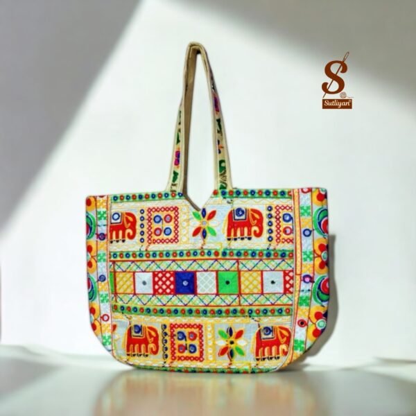 SUTLIYAN Women's Ahmedabadi Handmade Elephant Embroidery Large White Tote Bag