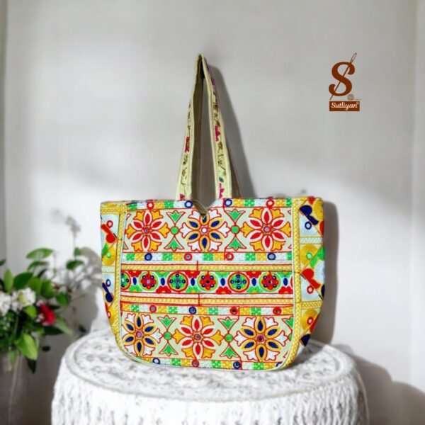 SUTLIYAN Women's Ahmedabadi Handmade Flower Embroidery Large White Tote Bag