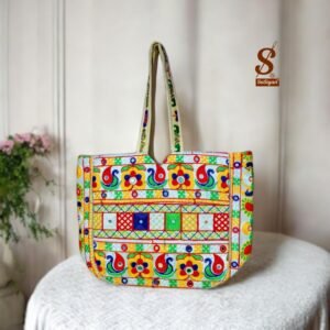 SUTLIYAN Women's Ahmedabadi Handmade Tree Embroidery Large White Tote Bag