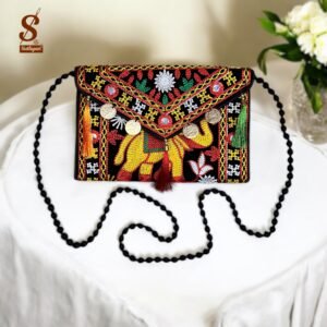 SUTLIYAN Women's Rajasthani Handmade Elephant Embroidery Small Black Coin Clutch Bag