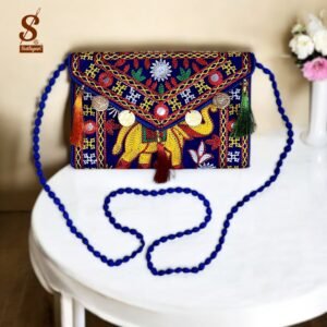 SUTLIYAN Women's Rajasthani Handmade Elephant Embroidery Small Blue Coin Clutch Bag