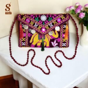 SUTLIYAN Women's Rajasthani Handmade Elephant Embroidery Small Maroon Coin Clutch Bag