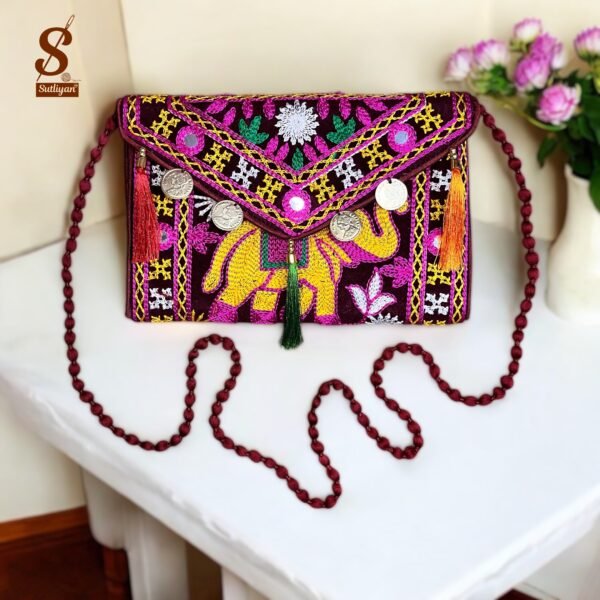 SUTLIYAN Women's Rajasthani Handmade Elephant Embroidery Small Maroon Coin Clutch Bag