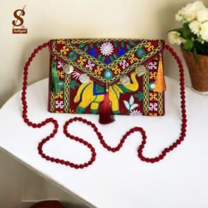 SUTLIYAN Women's Rajasthani Handmade Elephant Embroidery Small Red Coin Clutch Bag