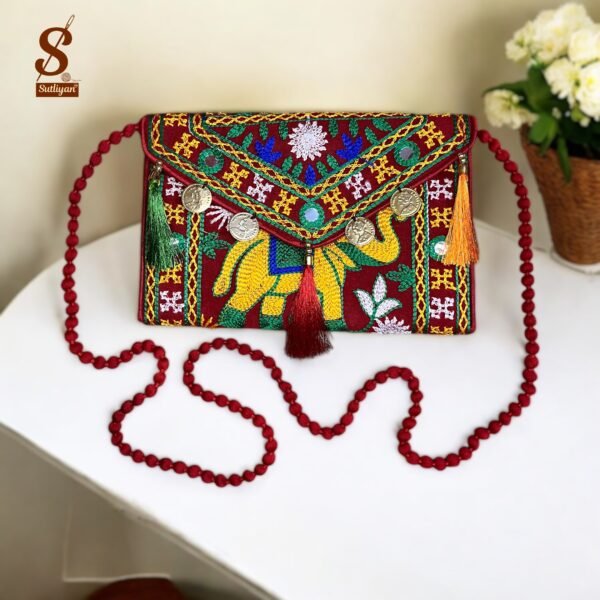SUTLIYAN Women's Rajasthani Handmade Elephant Embroidery Small Red Coin Clutch Bag