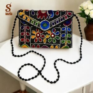 SUTLIYAN Women's Rajasthani Handmade Damru Embroidery Small Black Clutch Bag