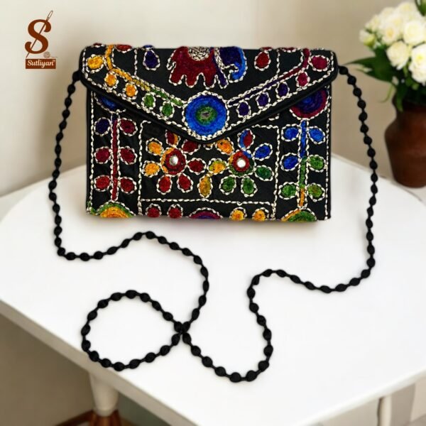 SUTLIYAN Women's Rajasthani Handmade Damru Embroidery Small Black Clutch Bag