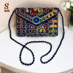 SUTLIYAN Women's Rajasthani Handmade Damru Embroidery Small Blue Clutch Bag