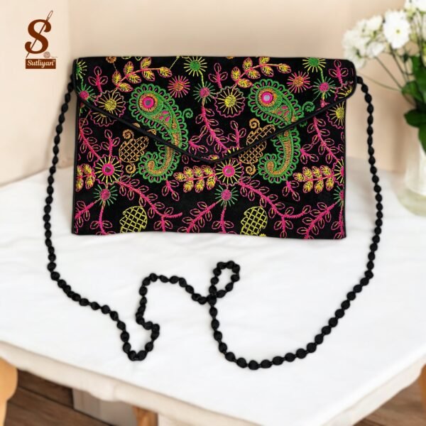 SUTLIYAN Women's Rajasthani Handmade Flower Embroidery Regular Black Clutch Bag