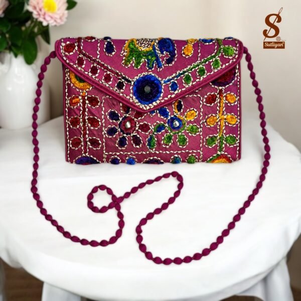 SUTLIYAN Women's Rajasthani Handmade Damru Embroidery Small Pink Clutch Bag