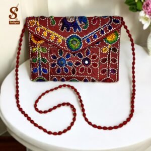 SUTLIYAN Women's Rajasthani Handmade Damru Embroidery Small Red Clutch Bag