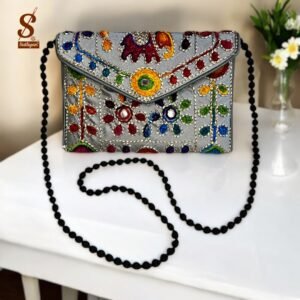 SUTLIYAN Women's Rajasthani Handmade Damru Embroidery Small Silver Clutch Bag