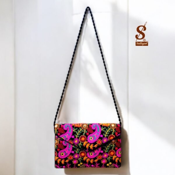 SUTLIYAN Women's Rajasthani Handmade Flower Embroidery Regular Black Clutch Bag