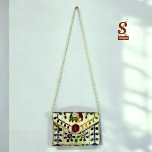 SUTLIYAN Women's Rajasthani Handmade Damru Embroidery Small Silver Clutch Bag