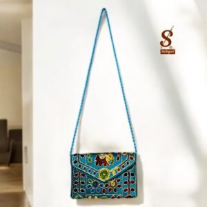 SUTLIYAN Women's Rajasthani Handmade Damru Embroidery Small Sky Blue Clutch Bag