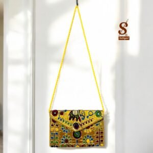 SUTLIYAN Women's Rajasthani Handmade Damru Embroidery Small Yellow Clutch Bag