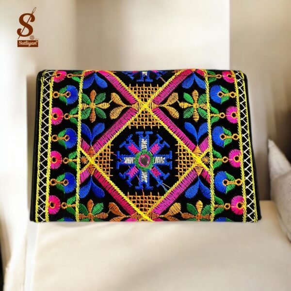 SUTLIYAN Women's Gujarati Handmade Elephant Embroidery Small Black Clutch Bag