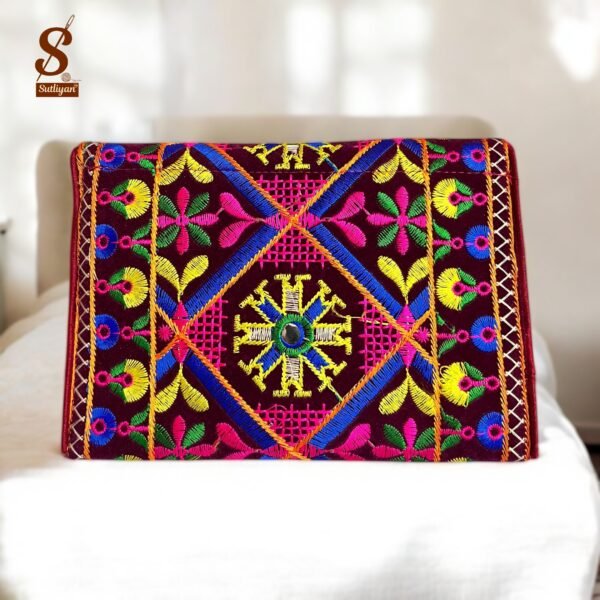 SUTLIYAN Women's Gujarati Handmade Elephant Embroidery Small Maroon Clutch Bag