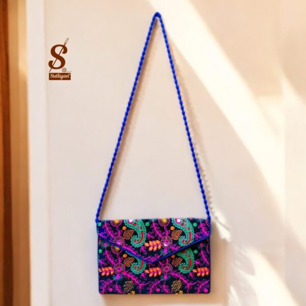 SUTLIYAN Women's Rajasthani Handmade Flower Embroidery Regular Blue Clutch Bag