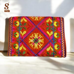 SUTLIYAN Women's Gujarati Handmade Elephant Embroidery Small Orange Clutch Bag