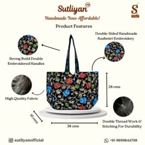 SUTLIYAN Women's Kashmiri Handmade Flower Embroidery Regular Black Tote Bag