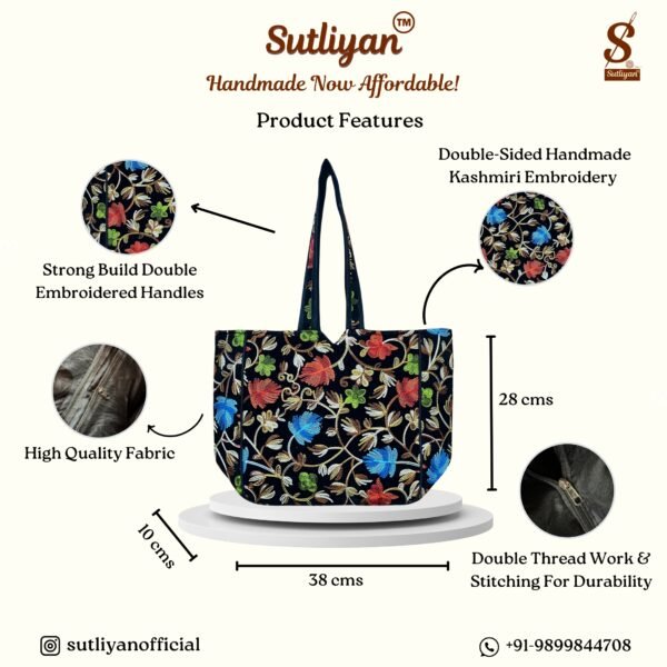 SUTLIYAN Women's Kashmiri Handmade Flower Embroidery Regular Black Tote Bag