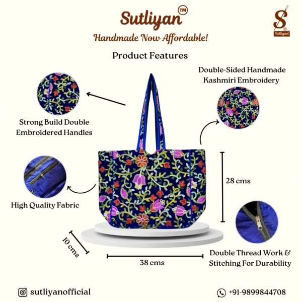 SUTLIYAN Women's Kashmiri Handmade Flower Embroidery Regular Blue Tote Bag