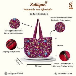SUTLIYAN Women's Kashmiri Handmade Flower Embroidery Regular Pink Tote Bag