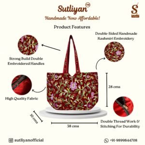 SUTLIYAN Women's Kashmiri Handmade Flower Embroidery Regular Red Tote Bag