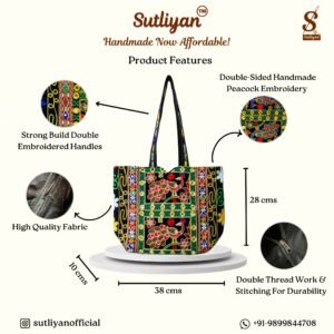 SUTLIYAN Women's Rajasthani Handmade Peacock Embroidery Regular Black Tote Bag