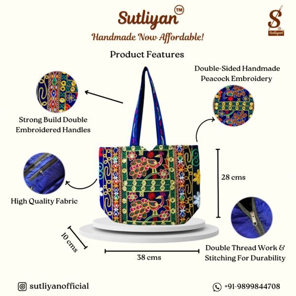 SUTLIYAN Women's Rajasthani Handmade Peacock Embroidery Regular Blue Tote Bag