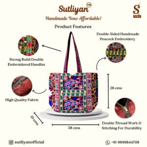 SUTLIYAN Women's Rajasthani Handmade Peacock Embroidery Regular Maroon Tote Bag