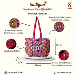 SUTLIYAN Women's Rajasthani Handmade Peacock Embroidery Regular Pink Tote Bag