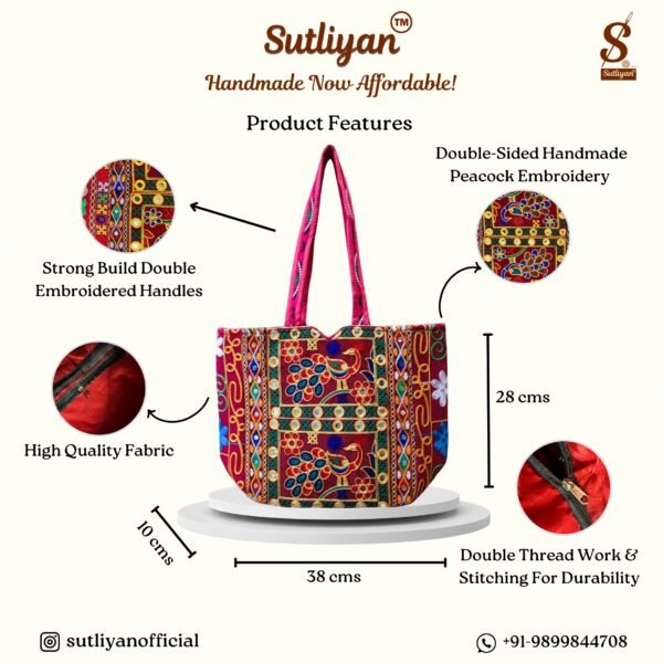 SUTLIYAN Women's Rajasthani Handmade Peacock Embroidery Regular Red Tote Bag