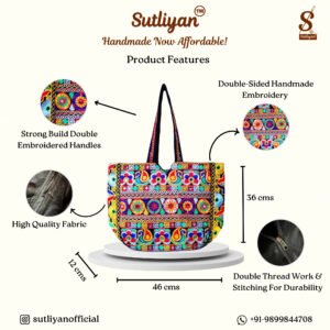 SUTLIYAN Women's Gujarati Handmade Flower Embroidery Large Black Tote Bag