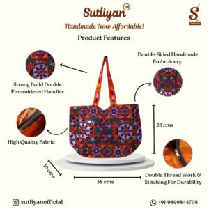 SUTLIYAN Women's Gujarati Handmade Mirror Work Regular Orange Tote Bag