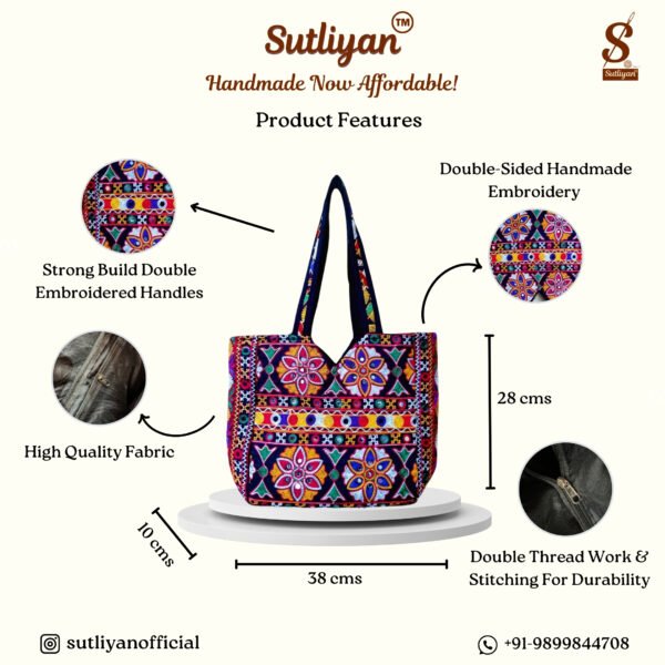 SUTLIYAN Women's Gujarati Handmade Flower Embroidery Regular Black Tote Bag