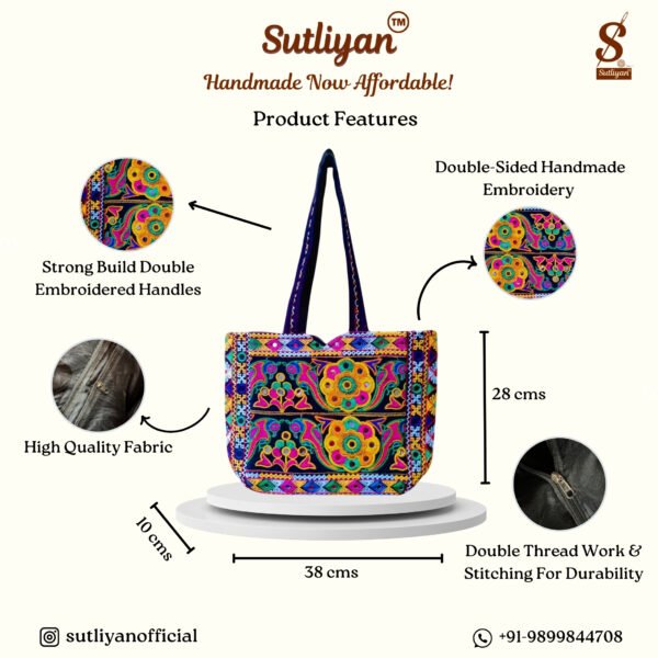 SUTLIYAN Women's Rajasthani Handmade Mirror Work Regular Black Tote Bag