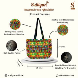 SUTLIYAN Women's Jaipuri Handmade Flower Embroidery Regular Black Tote Bag