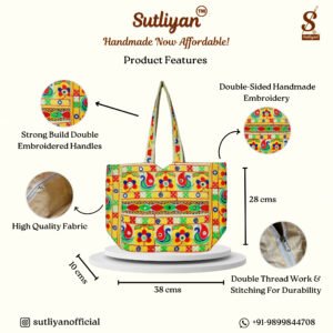 SUTLIYAN Women's Rajasthani Handmade Flower Embroidery Regular Beige Tote Bag