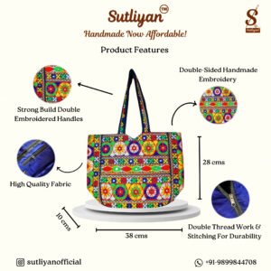 SUTLIYAN Women's Rajasthani Handmade Flower Embroidery Regular Blue Tote Bag