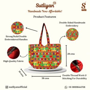 SUTLIYAN Women's Rajasthani Handmade Flower Embroidery Regular Red Tote Bag